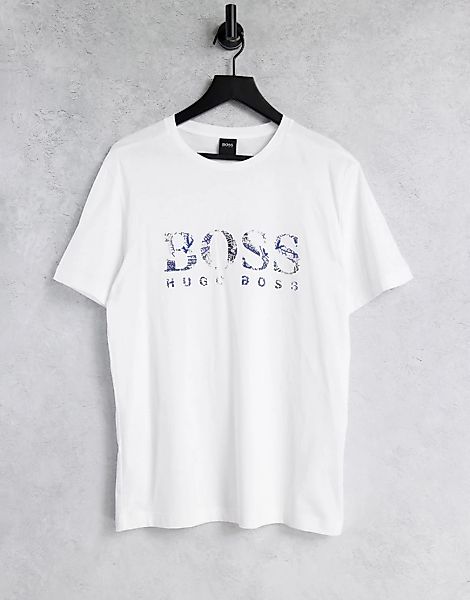 BOSS – Athleisure Tee 3 – Weißes T-Shirt mit großem Logo günstig online kaufen