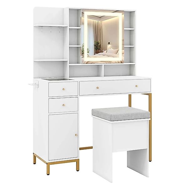 Costway Schminktisch Set mit Ladestation Glastischplatte Weiß günstig online kaufen