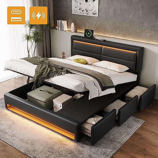 Flieks Polsterbett, LED Hydraulisches Doppelbett 160x200cm günstig online kaufen