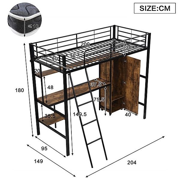 Flieks Hochbett Metall Kinderbett 90x200cm mit Kleiderschrank Schreibtisch günstig online kaufen