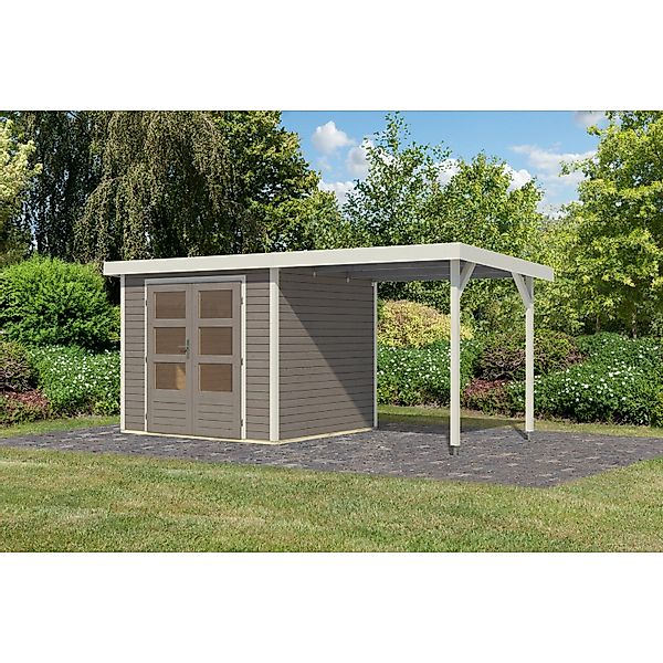 Karibu Gartenhaus Ernesto 3 D m. Anbaudach Wassergrau/Weiß 209 x 238 x 213 günstig online kaufen