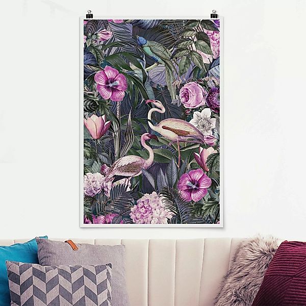 Poster Bunte Collage - Pinke Flamingos im Dschungel günstig online kaufen