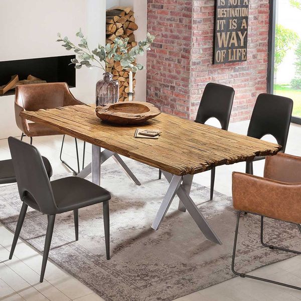 Rustikaler Esszimmertisch in Teak und Altsilberfarben Bruchkante günstig online kaufen