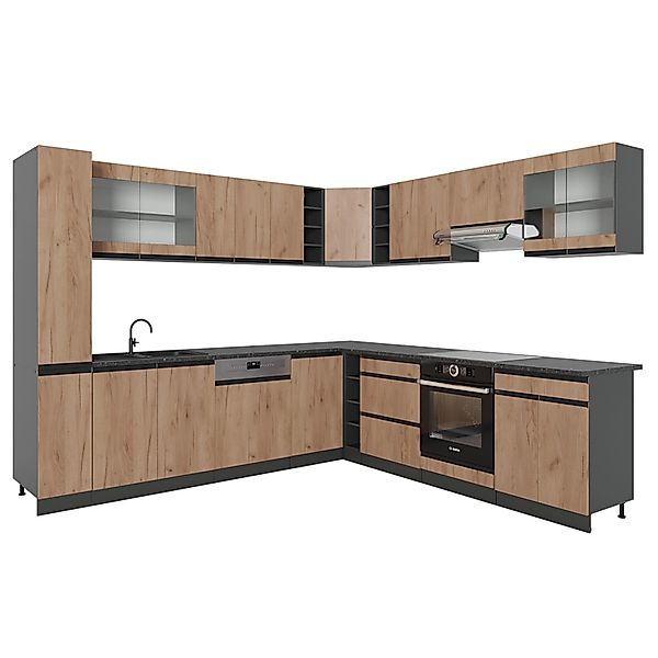 Vicco R-Line Eckküche Goldkraft Eiche 257 x 60 cm J-Shapeohne Arbeitsplatte günstig online kaufen