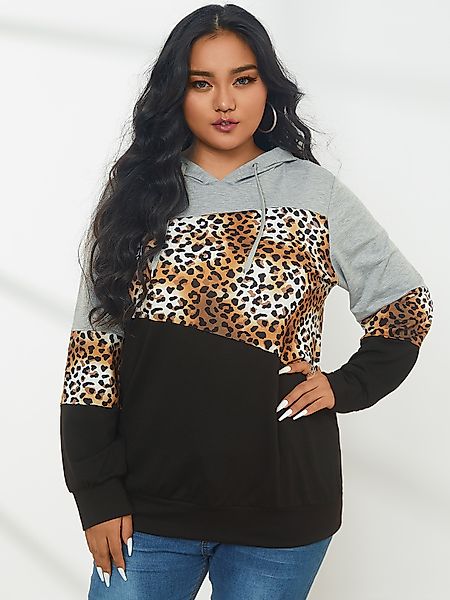 YOINS Plus Größe Pullover Patchwork Leopard Kapuzen Design Langarm Sweatshi günstig online kaufen