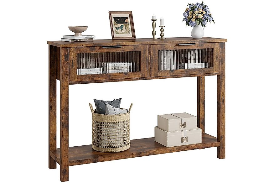 GarveeMore Konsolentisch 2-stufiger aus Holz mit 2 Glasschubladen und Staur günstig online kaufen