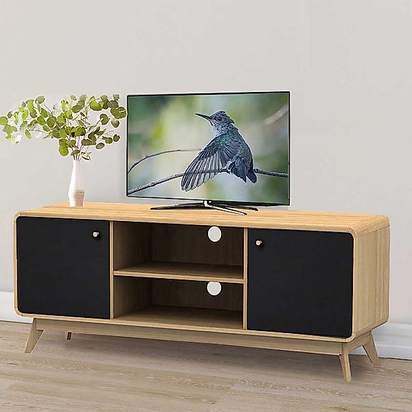 TV Sideboard in Schwarz und Eichefarben Kabeldurchlass günstig online kaufen