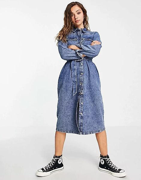 Vero Moda – Denim-Hemdkleid in Blau mit Gürtel günstig online kaufen