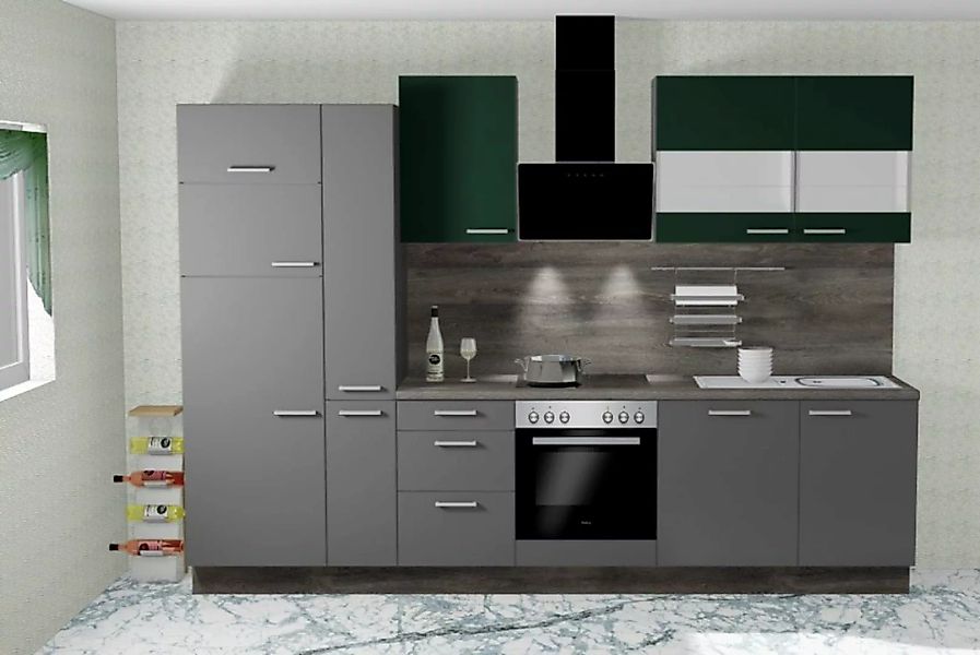 Einbauküche MANKAONYX 30 Onyxgrau / Grün - Schränke montiert/ Küchenzeile 3 günstig online kaufen