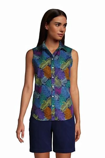 Ärmellose Supima Bügelfrei-Bluse mit Muster, Damen, Größe: L Normal, Blau, günstig online kaufen