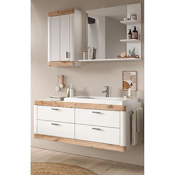 Inn.Furn Badmöbel-Set 4-teilig Weiß Eiche 133 cm mit Waschbecken Sopela günstig online kaufen
