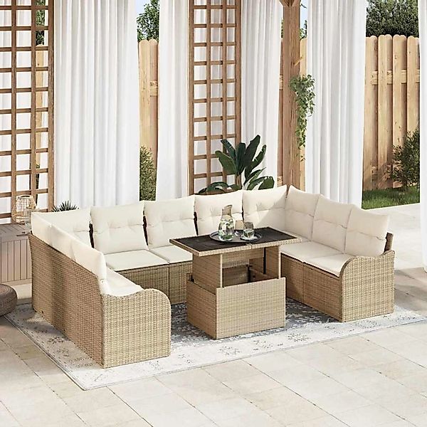 vidaXL Garten-Sofa-Set mit Kissen 10-Tlg Beige Poly Rattan 3348527 günstig online kaufen