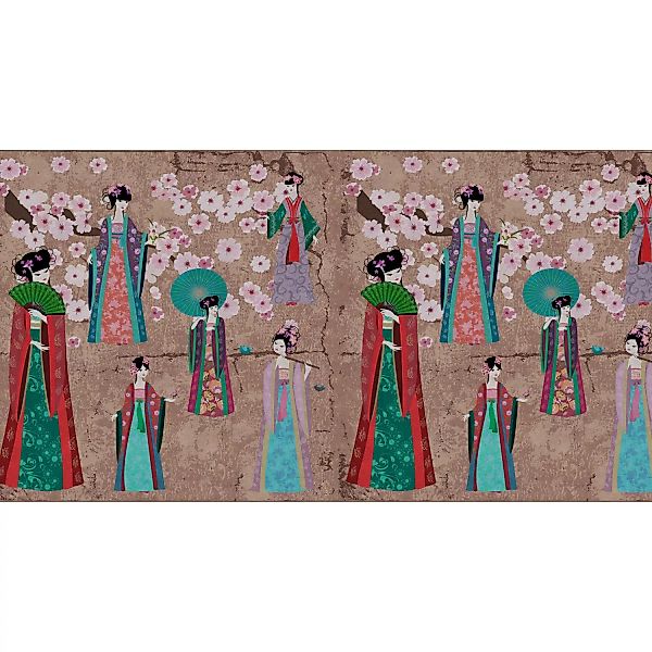 Fototapete Japan Blüten Kimono Geisha Braun Rot Blau 5,00 m x 2,70 m FSC® günstig online kaufen