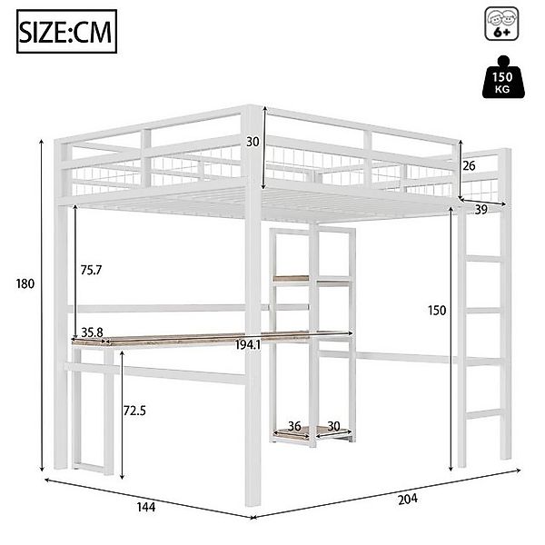 Odikalo Hochbett Jugendbett Metallbett Regalböden Schreibtisch USB 140x200 günstig online kaufen