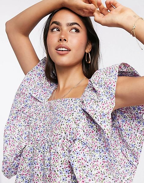 Mango – Bluse mit eckigem Ausschnitt in Lila Blumenmuster-Mehrfarbig günstig online kaufen