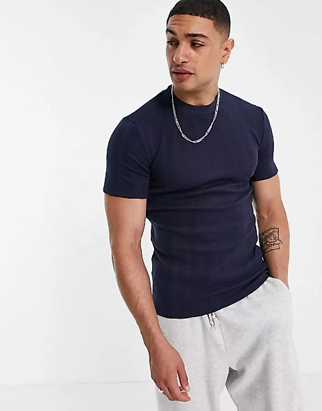 ASOS DESIGN – Muskel-T-Shirt aus gestreiftem, strukturiertem Stoff in Marin günstig online kaufen