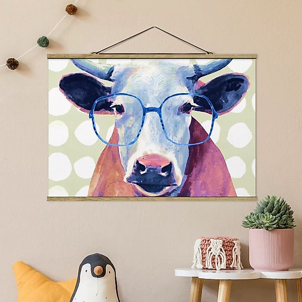 Stoffbild Tiere mit Posterleisten - Querformat Bebrillte Tiere - Kuh günstig online kaufen