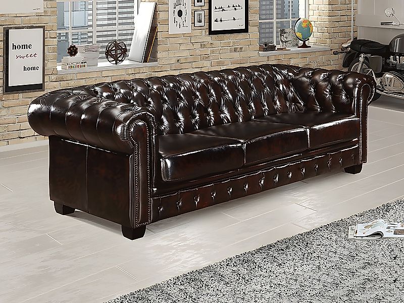 Chesterfield Ledersofa 4-Sitzer - Büffelleder - Braun - BRENTON günstig online kaufen