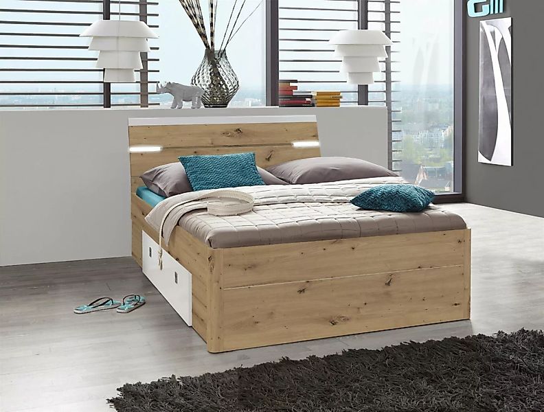 möbelando Bett Isobel, Modernes Bett aus Spanplatte in Artisan Eiche Nachbi günstig online kaufen