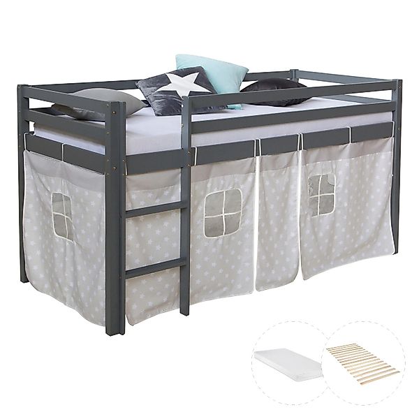Homestyle4u Kinderhochbett 90x200 Grau mit Lattenrost Matratze 2783 günstig online kaufen