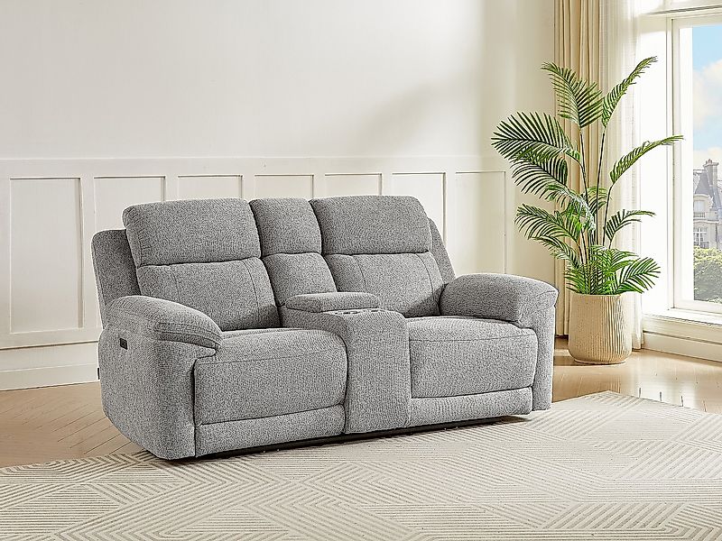 Relaxsofa 2-Sitzer elektrisch mit Ablage – melierter Stoff – Grau – KELUNO günstig online kaufen