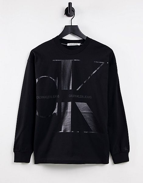 Calvin Klein Jeans – Langärmliges Shirt mit großem Logo in Schwarz günstig online kaufen