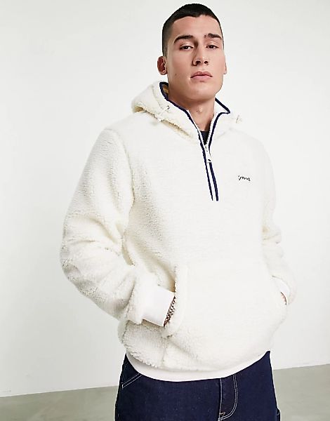 Schott – Andric 1 – Kapuzenpullover aus Sherpa-Fleece in Weiß mit Logostick günstig online kaufen