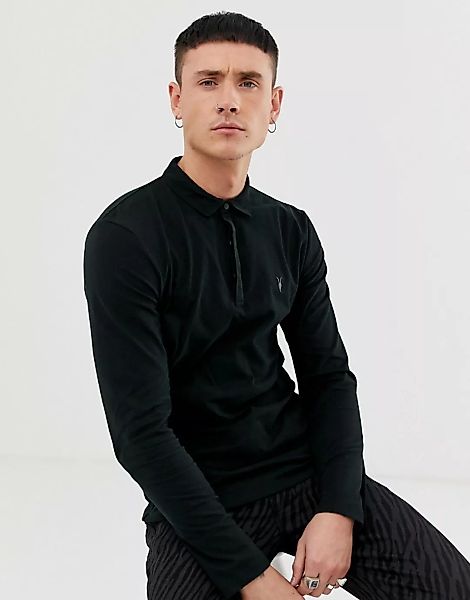 AllSaints – Brace – Langärmliges, schwarzes Polohemd mit Widderkopf-Logo günstig online kaufen
