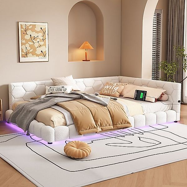 Merax Polsterbett, LED und USB, Tagesbett Teddy-Plüsch Schlafsofa Doppelbet günstig online kaufen