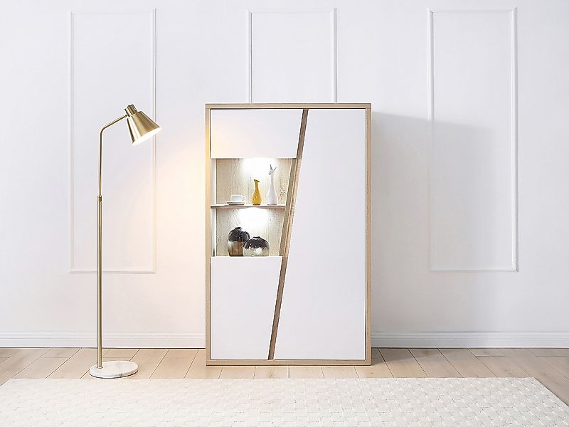 Vitrinenschrank mit 2 Türen & 2 Ablagefächern - Mit LED-Beleuchtung - Weiß günstig online kaufen