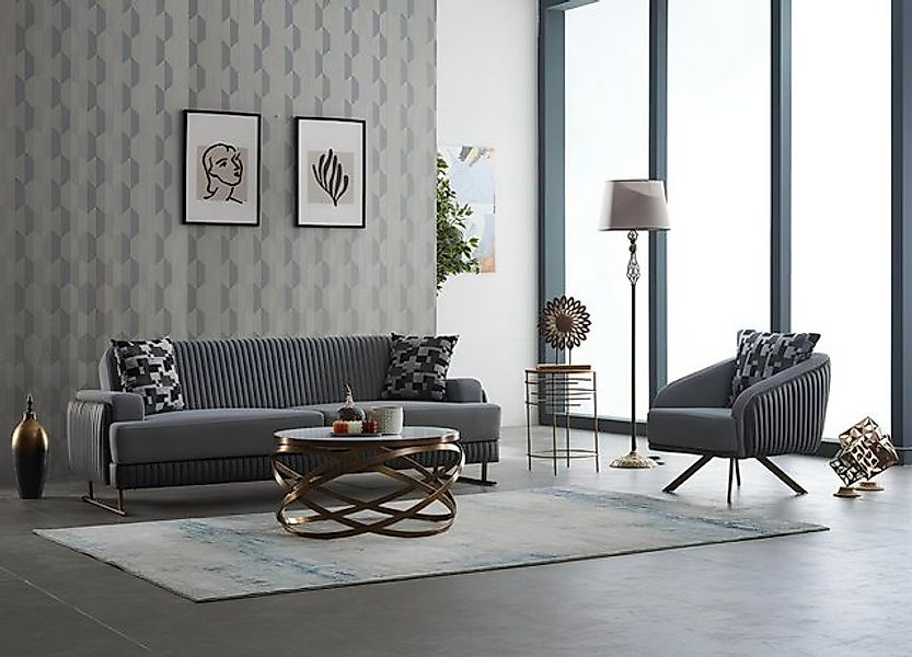 JVmoebel Sofa Komplette Polstersofa Sessel Dreisitzer Stoffsofa Grau Sofa 2 günstig online kaufen