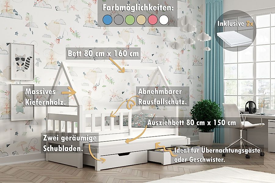 thematys Kinderbett mit Rausfallschutz und Ausziehbett günstig online kaufen