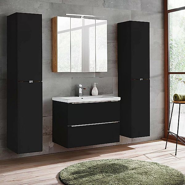 Badezimmermöbel Set mit 2x Hochschrank, 80cm Waschtisch TOSKANA-BLACK-56 se günstig online kaufen