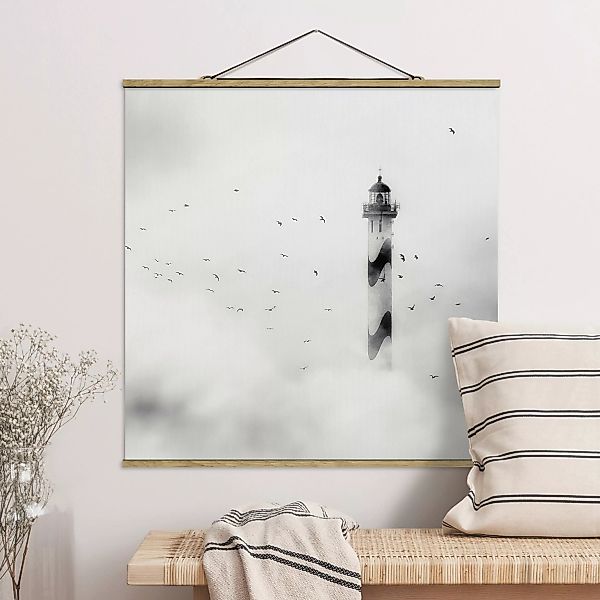 Stoffbild Strand mit Posterleisten - Quadrat Leuchtturm im Nebel günstig online kaufen