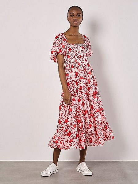 Apricot Druckkleid Florales Sommerkleid mit Puffärmeln günstig online kaufen