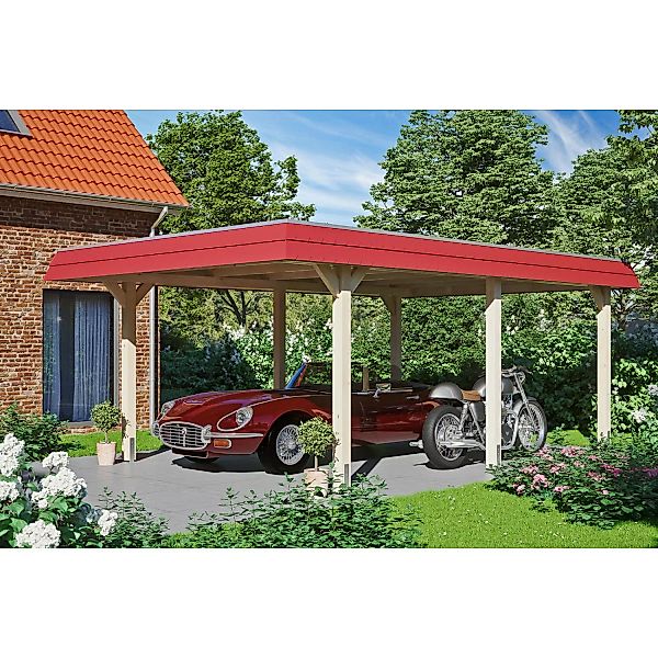 Skan Holz Carport Wendland Natur 409 x 628 cm Alu-Dach Blende Rot günstig online kaufen