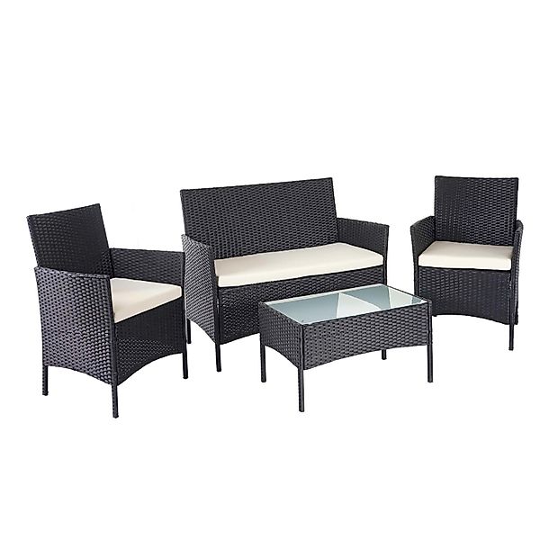 MCW Poly-Rattan Garnitur D82 4-teilig Schwarz mit Kissen Creme günstig online kaufen