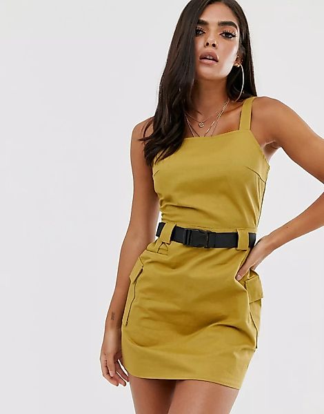 Missguided – Olivgrünes Utility-Kleid mit Gurtdetail-Schwarz günstig online kaufen