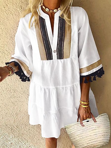 Flare Sleeve Loose Ethnic Casual Quasten Mini Pullover Kleid günstig online kaufen