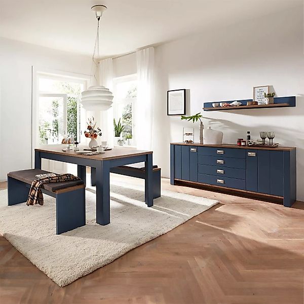 Esszimmer Set Landhaus in blau DEVON-36 mit Details in Eiche Nb., inkl. Sid günstig online kaufen