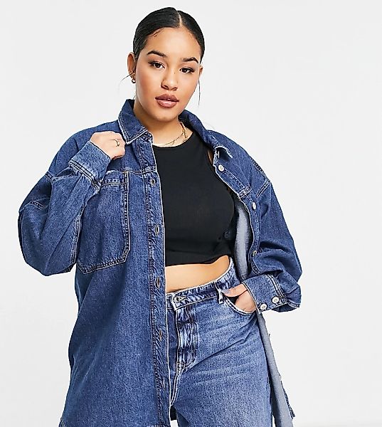 River Island Plus – Jeans-Hemdjacke in Mittelblau günstig online kaufen