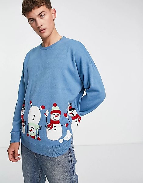 Threadbare – Oversize-Weihnachtspullover mit Schneemann-Print in Blau günstig online kaufen