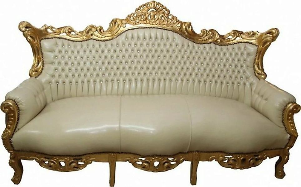 Casa Padrino 3-Sitzer Barock 3er Sofa Master Creme Lederoptik / Gold mit Bl günstig online kaufen