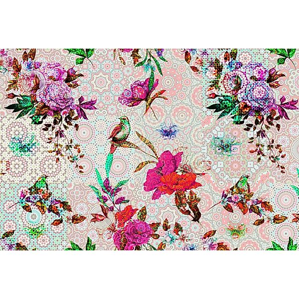Fototapete Blumen Vögel Mosaik Grafik Bunt 4,00 m x 2,70 m FSC® günstig online kaufen