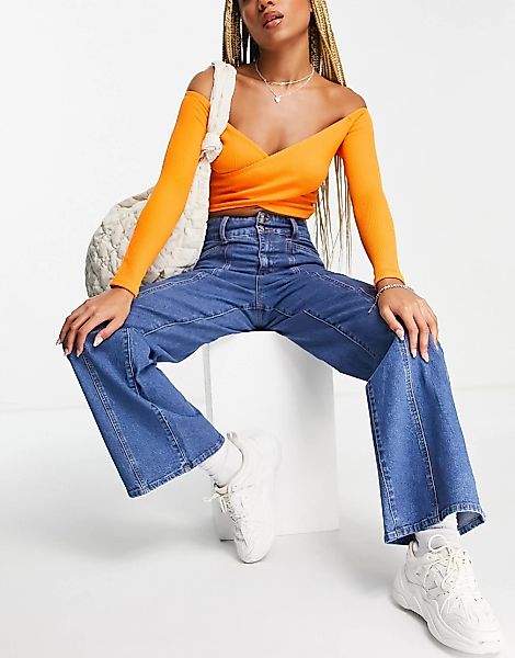 Object – Jeans mit hohem Bund, weitem Bein und Nahtdetail-Blau günstig online kaufen