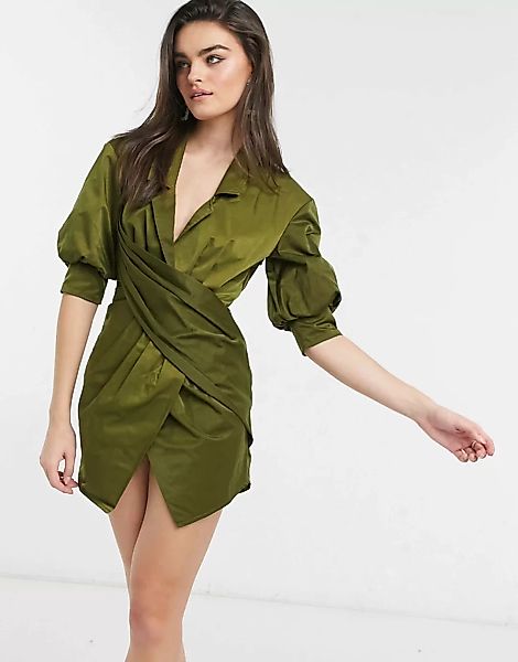 ASOS DESIGN – Minikleid mit gewickelter Taille im Smoking-Stil-Grün günstig online kaufen