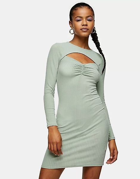 Topshop – Bodycon-Kleid mit Rüschen und Zierausschnitt in Khaki-Grün günstig online kaufen