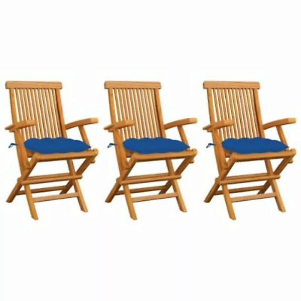 vidaXL Gartenstühle mit Blauen Kissen 3 Stk. Massivholz Teak Gartenstuhl bl günstig online kaufen