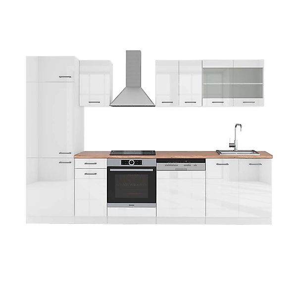 Vicco R-Line Küchenzeile Weiß Hochglanz/Weiß 300 cm AP Eiche günstig online kaufen