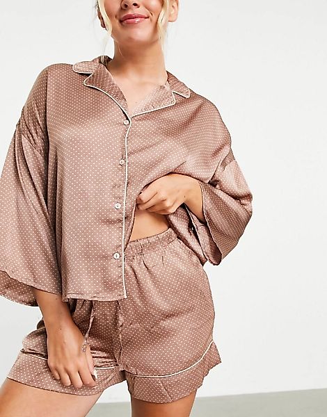 Vero Moda – Kurzes Pyjama-Set aus Satin mit Paspelierung in Mokka gepunktet günstig online kaufen